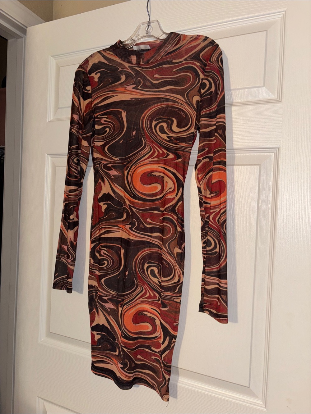 Black Bead Long Sleeve Swirl Print Dress - Brown & Orange